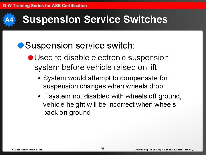 Suspension Service Switches Suspension service switch: Used to disable electronic suspension system before vehicle