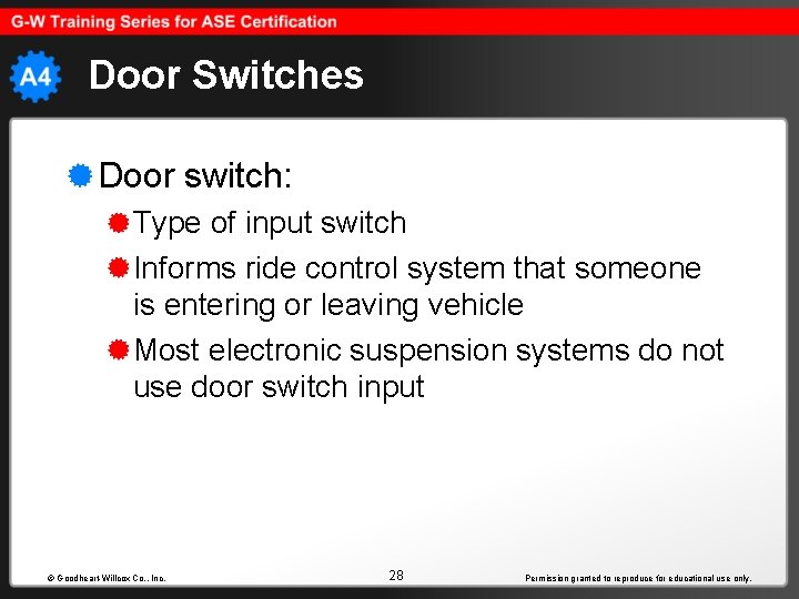 Door Switches Door switch: Type of input switch Informs ride control system that someone