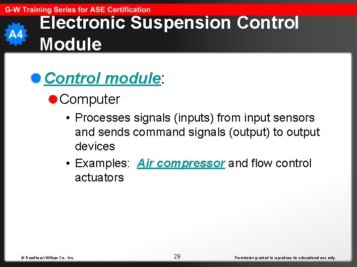 Electronic Suspension Control Module Control module: Computer • Processes signals (inputs) from input sensors