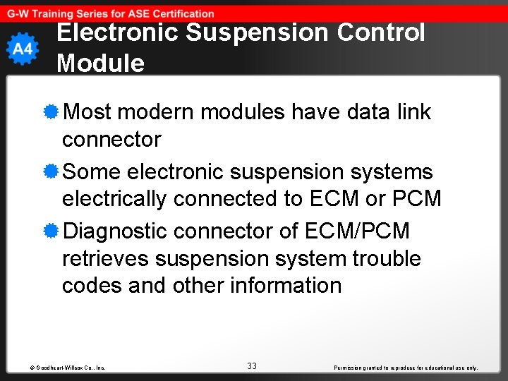 Electronic Suspension Control Module Most modern modules have data link connector Some electronic suspension