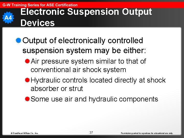 Electronic Suspension Output Devices Output of electronically controlled suspension system may be either: Air