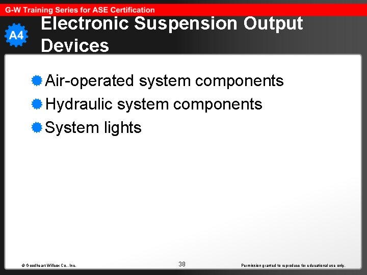 Electronic Suspension Output Devices Air-operated system components Hydraulic system components System lights © Goodheart-Willcox
