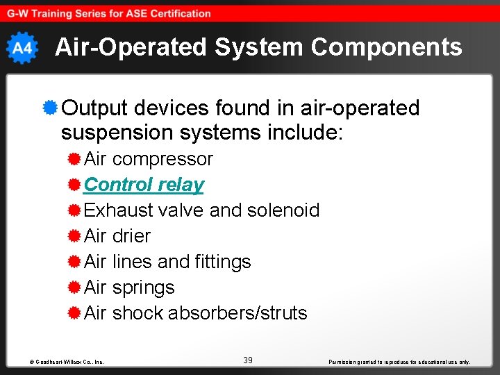 Air-Operated System Components Output devices found in air-operated suspension systems include: Air compressor Control