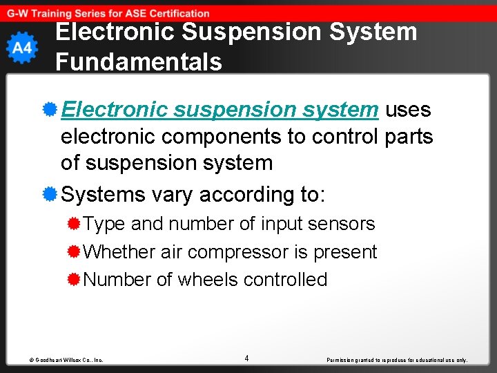 Electronic Suspension System Fundamentals Electronic suspension system uses electronic components to control parts of