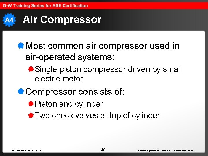 Air Compressor Most common air compressor used in air-operated systems: Single-piston compressor driven by