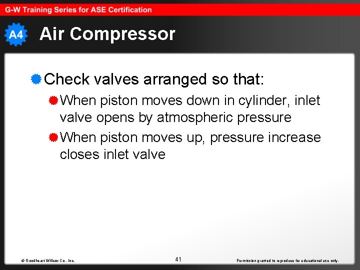 Air Compressor Check valves arranged so that: When piston moves down in cylinder, inlet