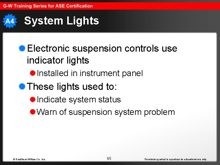 System Lights Electronic suspension controls use indicator lights Installed in instrument panel These lights