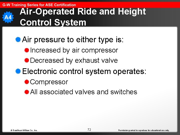 Air-Operated Ride and Height Control System Air pressure to either type is: Increased by