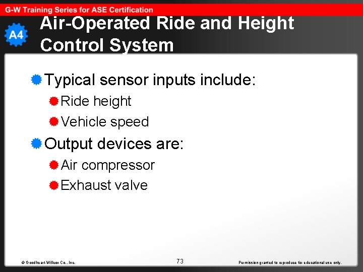 Air-Operated Ride and Height Control System Typical sensor inputs include: Ride height Vehicle speed