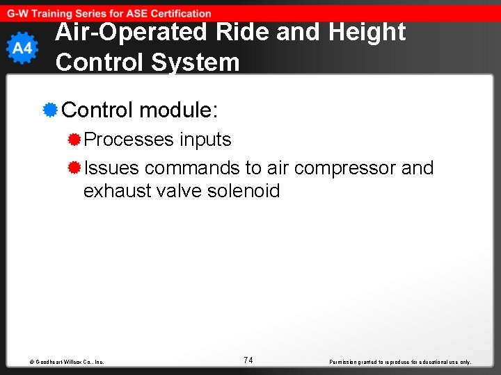 Air-Operated Ride and Height Control System Control module: Processes inputs Issues commands to air