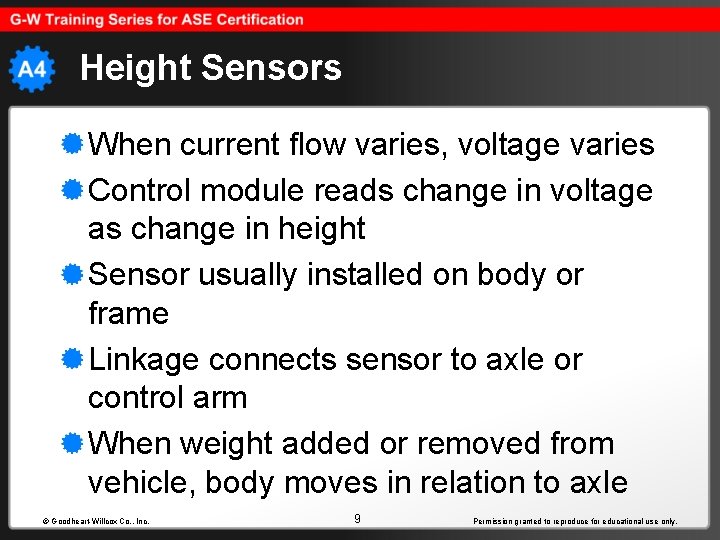 Height Sensors When current flow varies, voltage varies Control module reads change in voltage