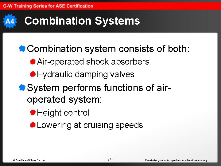 Combination Systems Combination system consists of both: Air-operated shock absorbers Hydraulic damping valves System