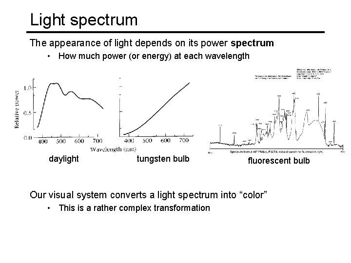 Light spectrum The appearance of light depends on its power spectrum • How much Light spectrum The appearance of light depends on its power spectrum • How much