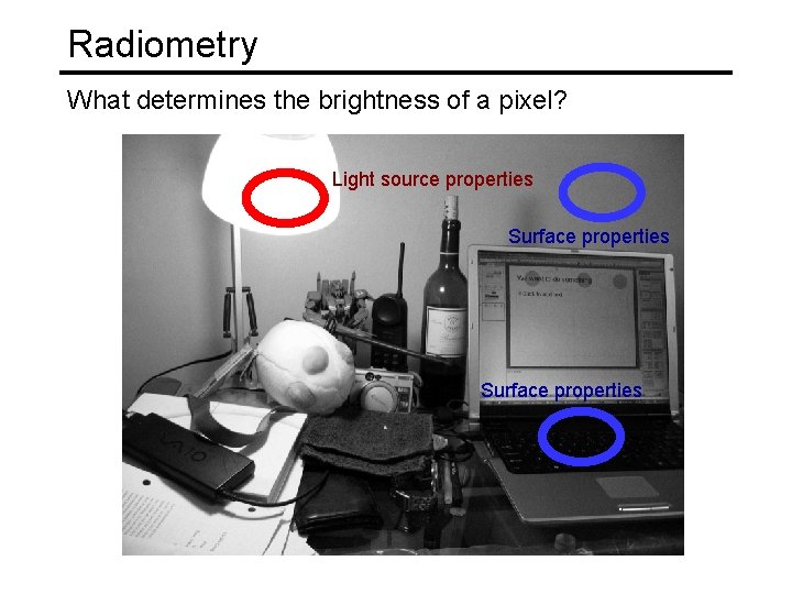 Radiometry What determines the brightness of a pixel? Light source properties Surface properties Radiometry What determines the brightness of a pixel? Light source properties Surface properties