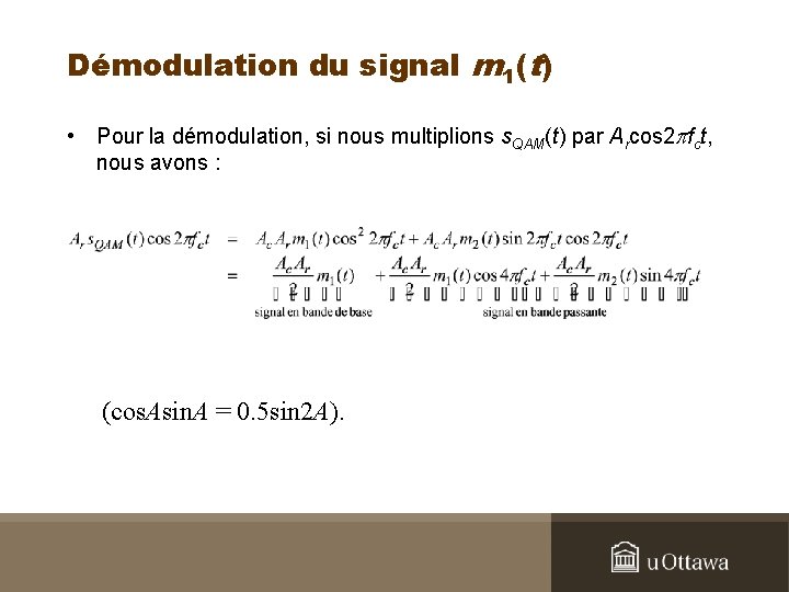 Démodulation du signal m 1(t) • Pour la démodulation, si nous multiplions s. QAM(t)