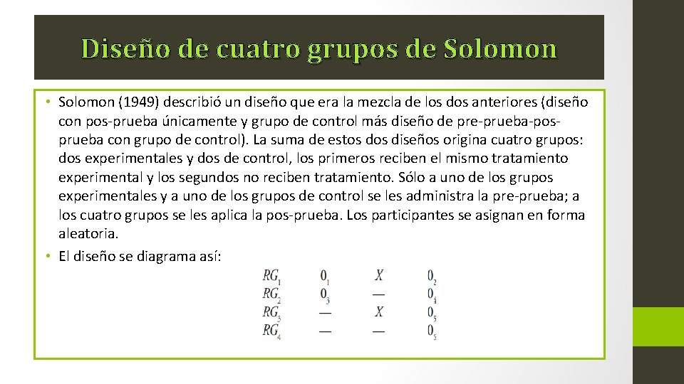 Diseño de cuatro grupos de Solomon • Solomon (1949) describió un diseño que era