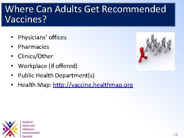 Where Can Adults Get Recommended Vaccines? • • • Physicians’ offices Pharmacies Clinics/Other Workplace