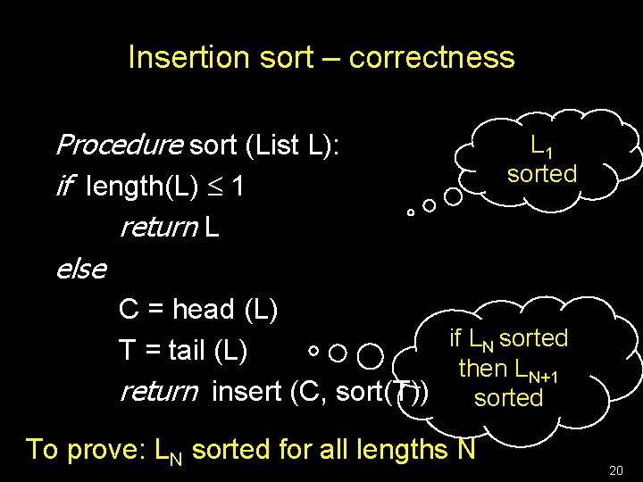 Insertion sort – correctness Procedure sort (List L): if length(L) 1 return L else