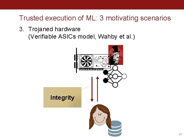 Trusted execution of ML: 3 motivating scenarios 3. Trojaned hardware (Verifiable ASICs model, Wahby