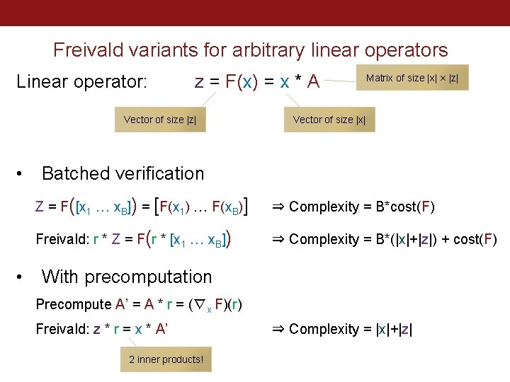 Freivald variants for arbitrary linear operators Linear operator: z = F(x) = x *