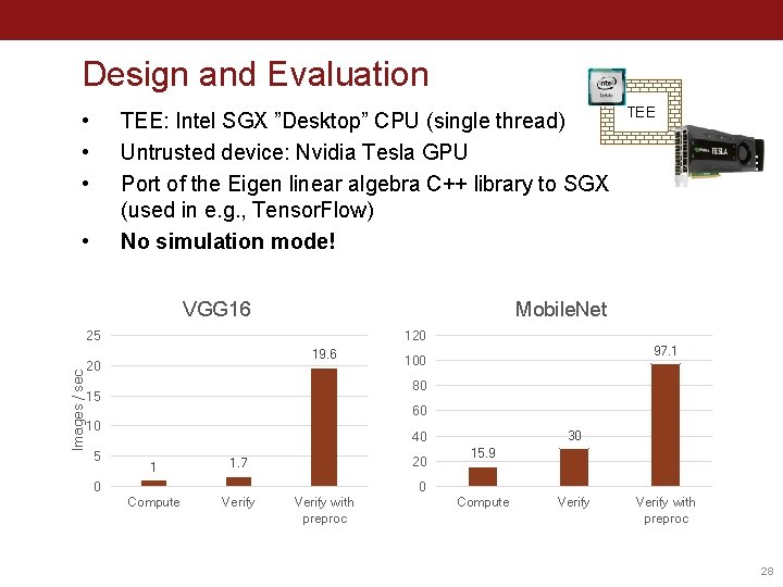 Design and Evaluation • • • TEE: Intel SGX ”Desktop” CPU (single thread) Untrusted