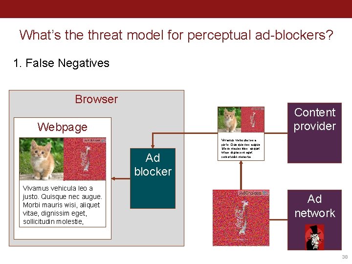 What’s the threat model for perceptual ad-blockers? 1. False Negatives Browser Content provider Webpage