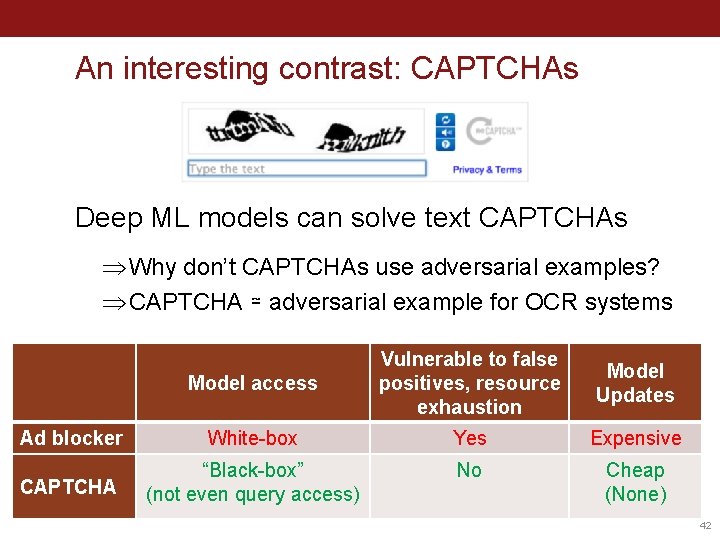 An interesting contrast: CAPTCHAs Deep ML models can solve text CAPTCHAs Þ Why don’t