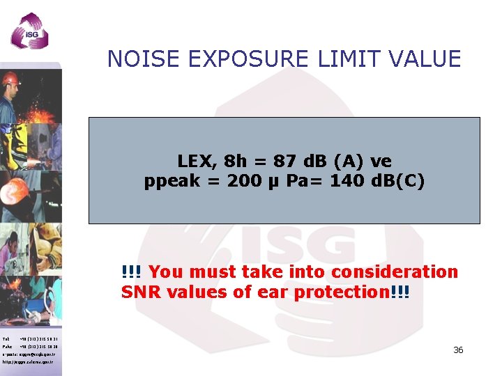 NOISE EXPOSURE LIMIT VALUE LEX, 8 h = 87 d. B (A) ve ppeak