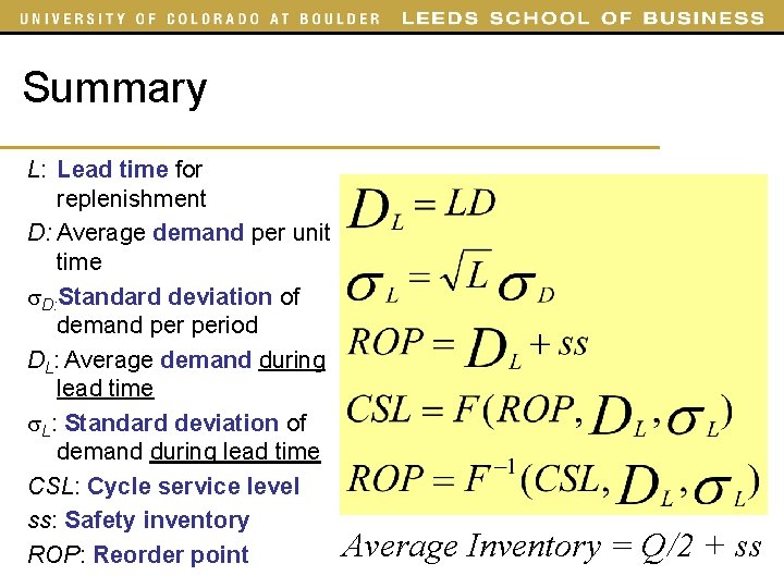 Summary L: Lead time for replenishment D: Average demand per unit time D: Standard