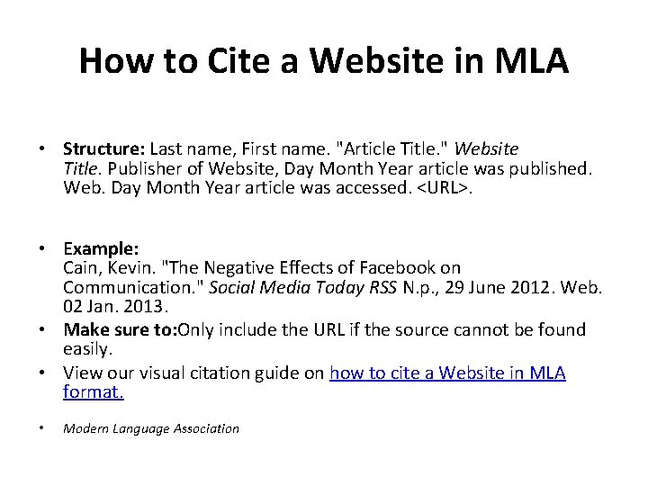 How to Cite a Website in MLA • Structure: Last name, First name. "Article