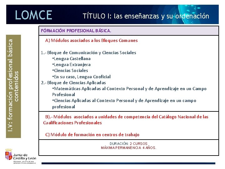 LOMCE TÍTULO I: las enseñanzas y su ordenación I. V: formación profesional básica contenidos