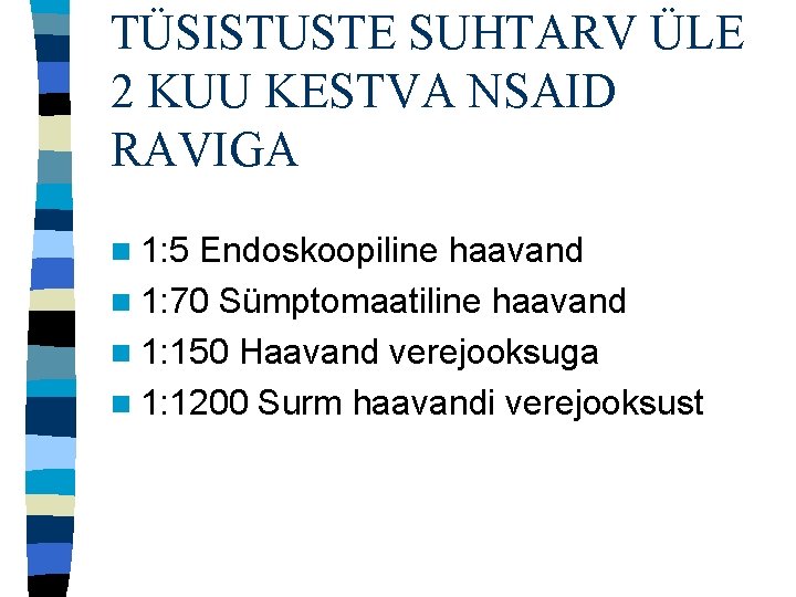 TÜSISTUSTE SUHTARV ÜLE 2 KUU KESTVA NSAID RAVIGA n 1: 5 Endoskoopiline haavand n