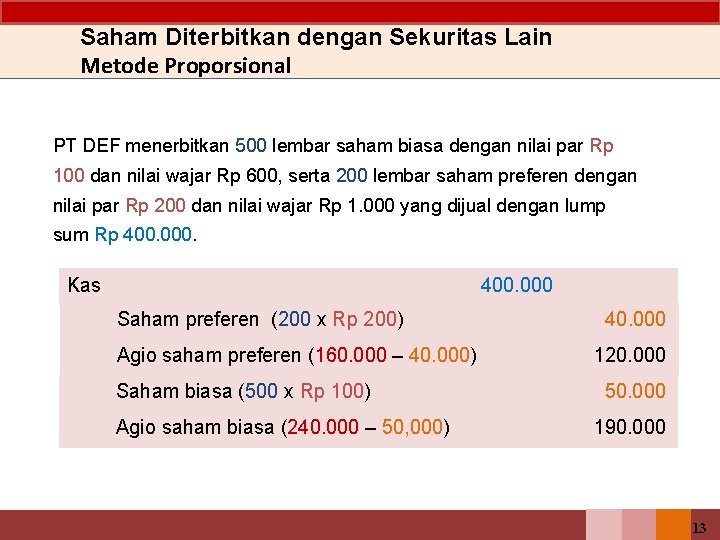 Saham Diterbitkan dengan Sekuritas Lain Metode Proporsional PT DEF menerbitkan 500 lembar saham biasa