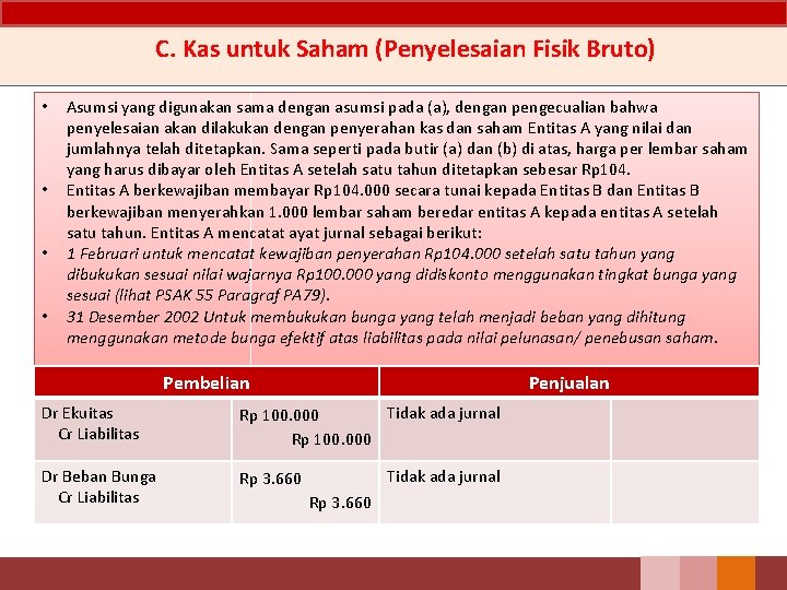 C. Kas untuk Saham (Penyelesaian Fisik Bruto) • • Asumsi yang digunakan sama dengan