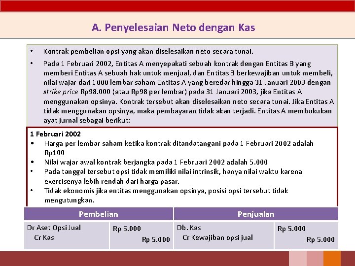 A. Penyelesaian Neto dengan Kas • Kontrak pembelian opsi yang akan diselesaikan neto secara