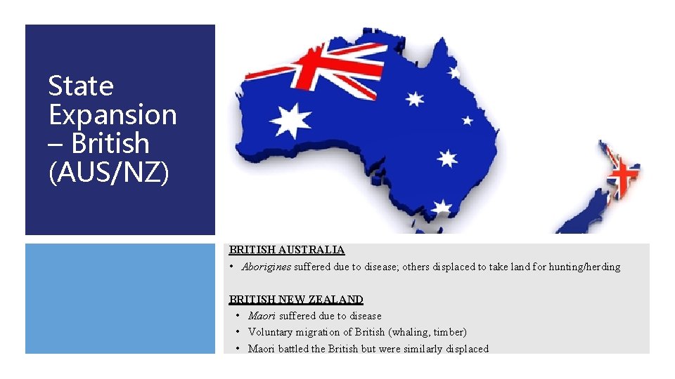 State Expansion – British (AUS/NZ) BRITISH AUSTRALIA • Aborigines suffered due to disease; others State Expansion – British (AUS/NZ) BRITISH AUSTRALIA • Aborigines suffered due to disease; others