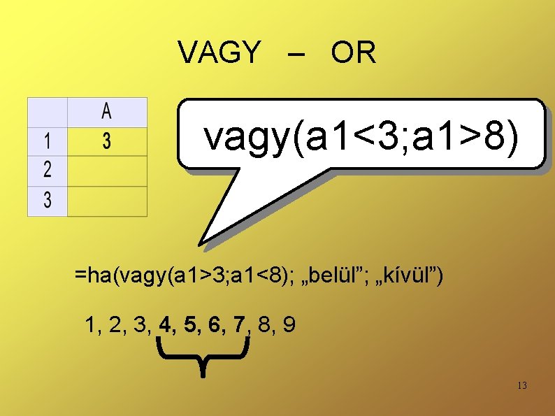 VAGY – OR vagy(a 1<3; a 1>8) =ha(vagy(a 1>3; a 1<8); „belül”; „kívül”) 1,