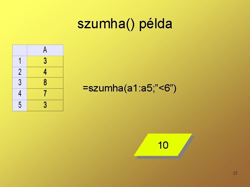 szumha() példa =szumha(a 1: a 5; ”<6”) 10 15 