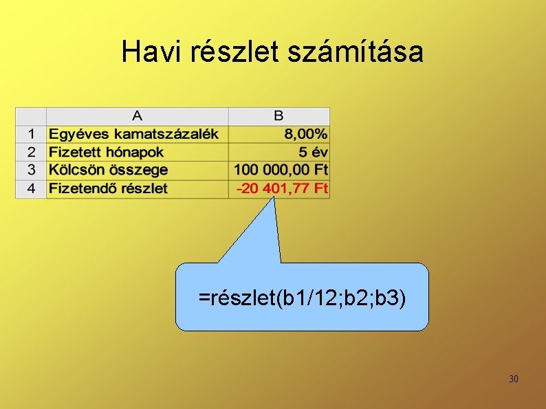 Havi részlet számítása =részlet(b 1/12; b 3) 30 