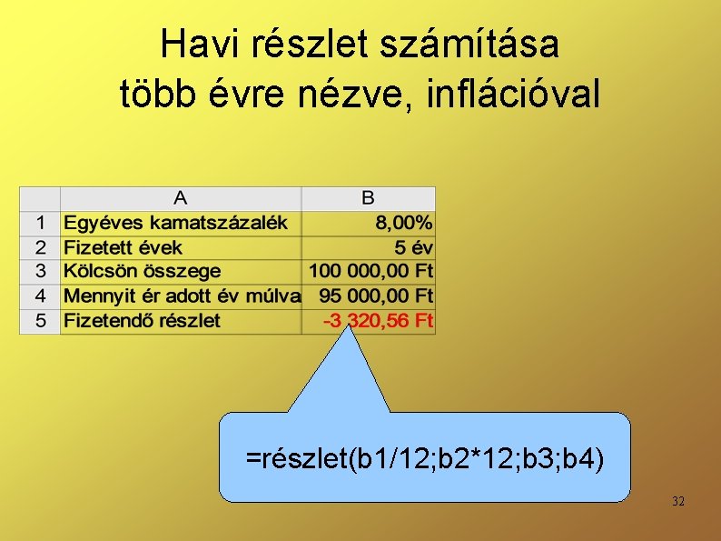 Havi részlet számítása több évre nézve, inflációval =részlet(b 1/12; b 2*12; b 3; b