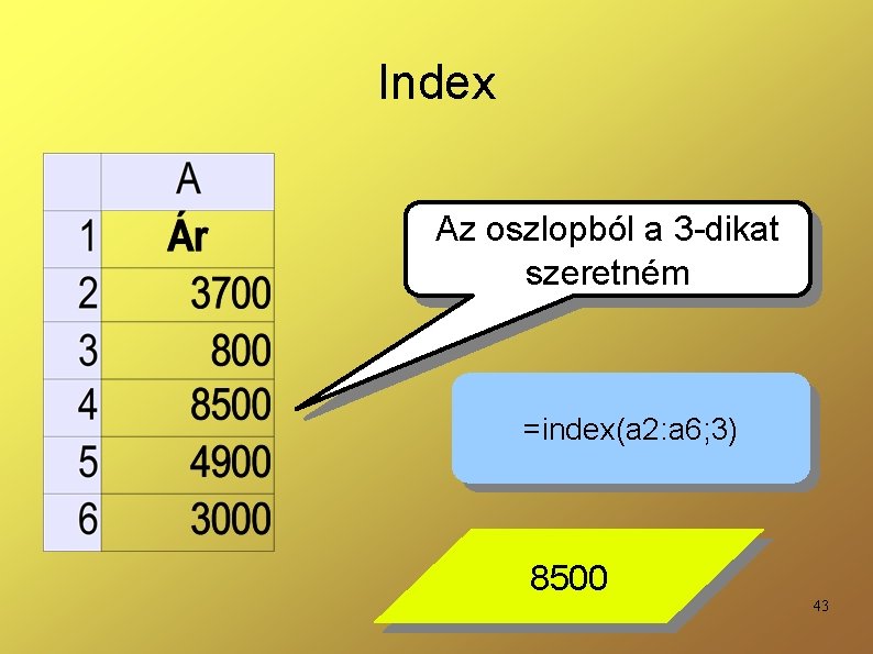 Index Az oszlopból a 3 -dikat szeretném =index(a 2: a 6; 3) 8500 43