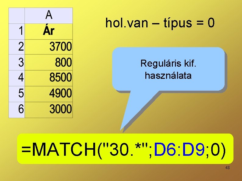 hol. van – típus = 0 Reguláris kif. használata =MATCH("30. *"; D 6: D