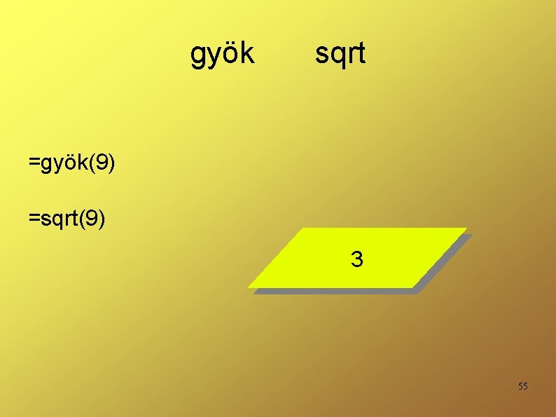 gyök sqrt =gyök(9) =sqrt(9) 3 55 