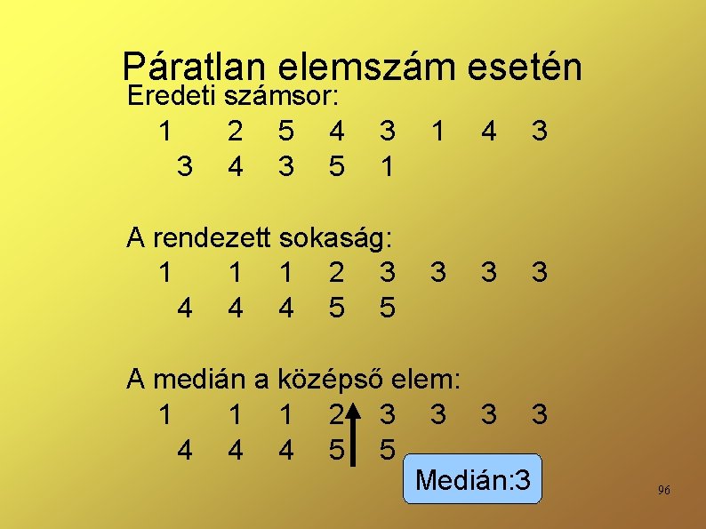 Páratlan elemszám esetén Eredeti számsor: 1 2 5 4 3 5 3 1 A