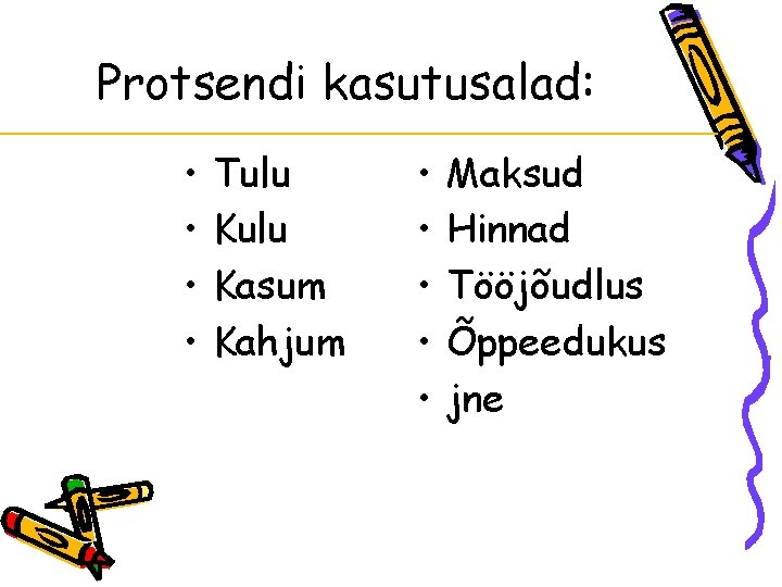 Protsendi kasutusalad: • • Tulu Kasum Kahjum • • • Maksud Hinnad Tööjõudlus Õppeedukus Protsendi kasutusalad: • • Tulu Kasum Kahjum • • • Maksud Hinnad Tööjõudlus Õppeedukus