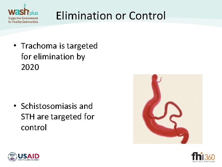 Elimination or Control • Trachoma is targeted for elimination by 2020 • Schistosomiasis and