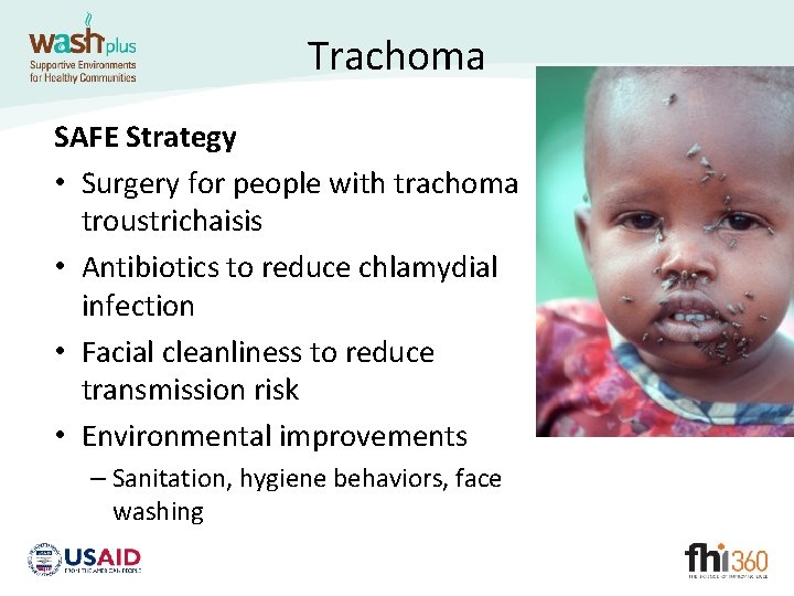 Trachoma SAFE Strategy • Surgery for people with trachoma troustrichaisis • Antibiotics to reduce