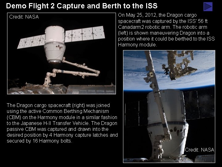 Demo Flight 2 Capture and Berth to the ISS Credit: NASA On May 25,
