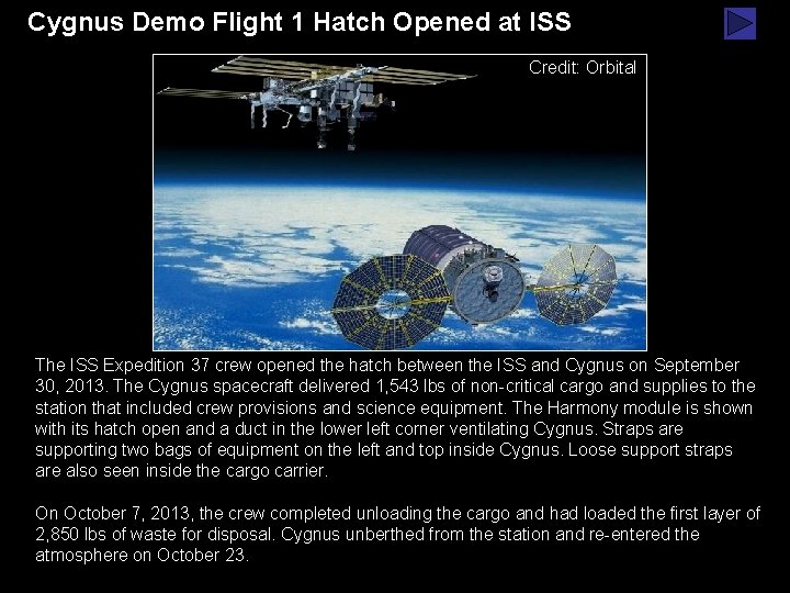 Cygnus Demo Flight 1 Hatch Opened at ISS Credit: Orbital The ISS Expedition 37