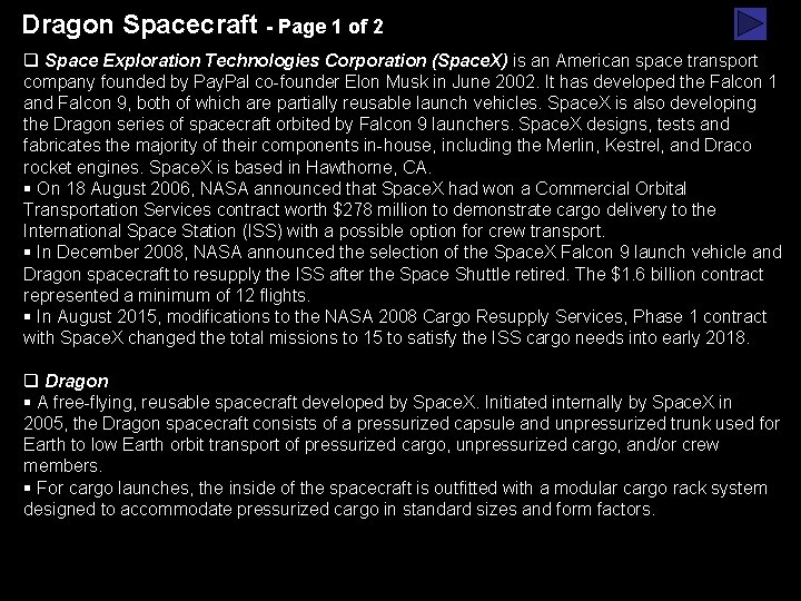 Dragon Spacecraft - Page 1 of 2 q Space Exploration Technologies Corporation (Space. X)